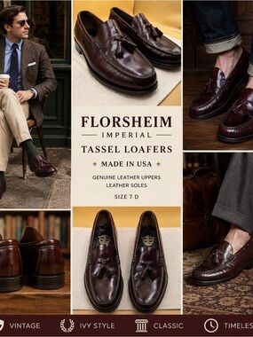 Vintage Florsheim Dress Shoes 7 Burgundy Imperial Tassel Loafers Oxblood Leather